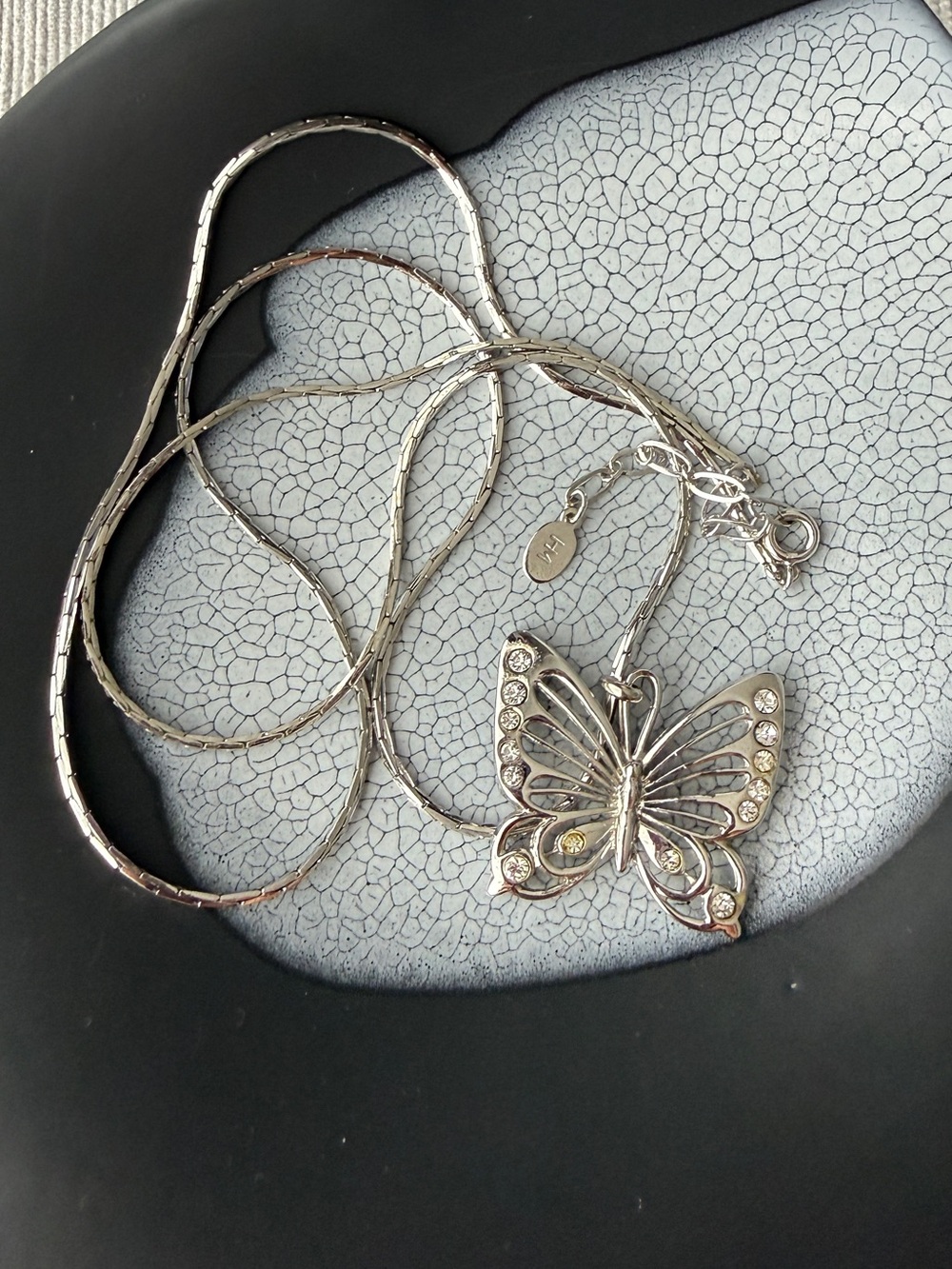 Silver Tone Butterfly Pendant Necklace with Crystals